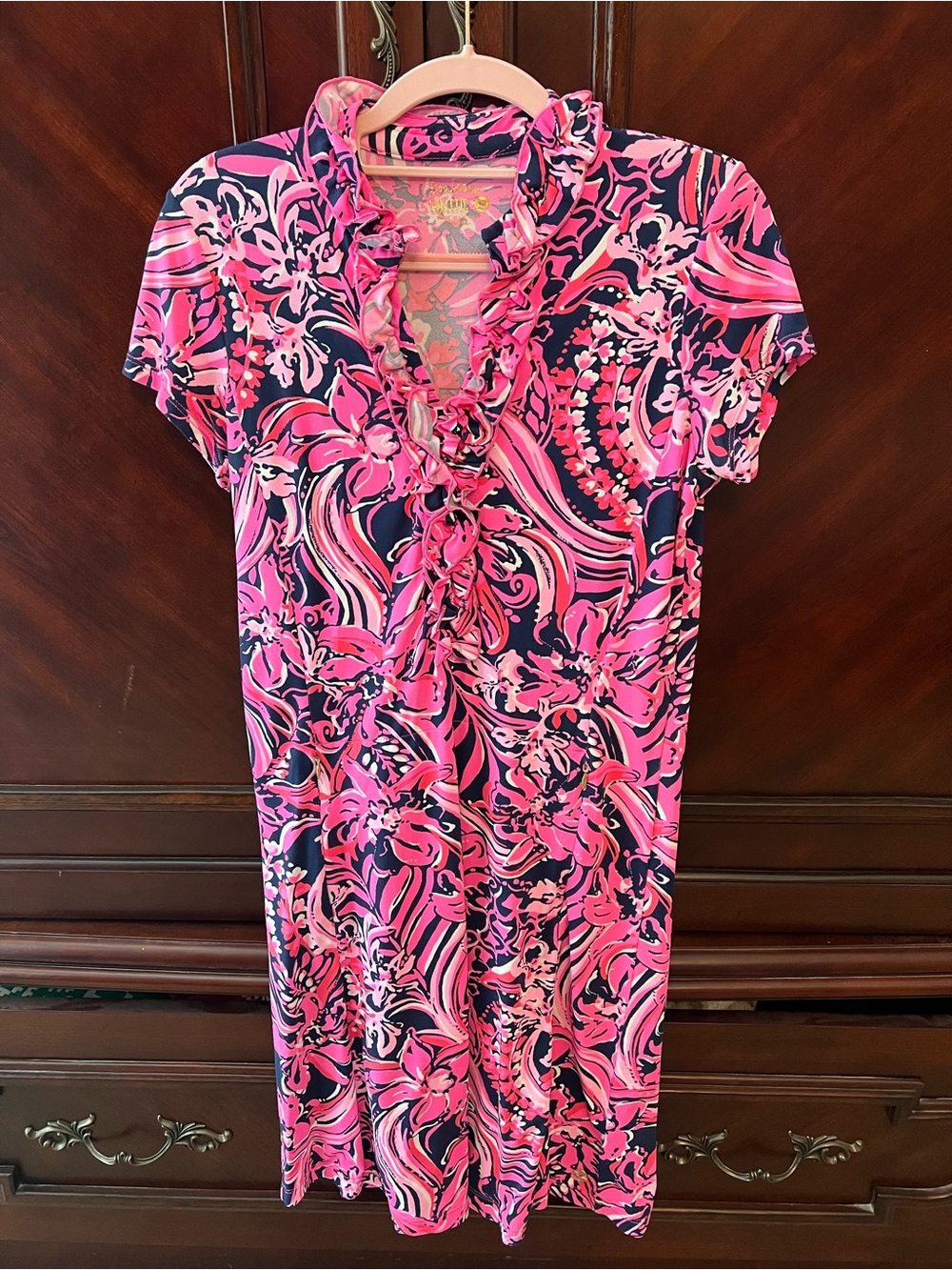 Lilly Pulitzer Pink and Navy Floral Ruffle-Front Midi Dress